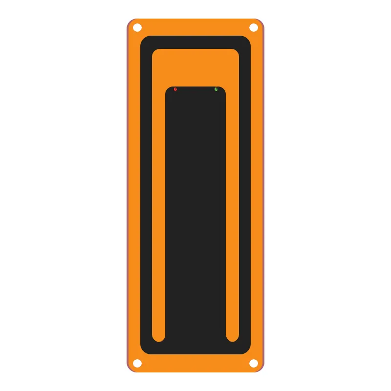 RA-RF650-AP28 Frame Stationary Integrated Reader, an orange rectangular device with a black central panel, four corner holes, and two small status LEDs.